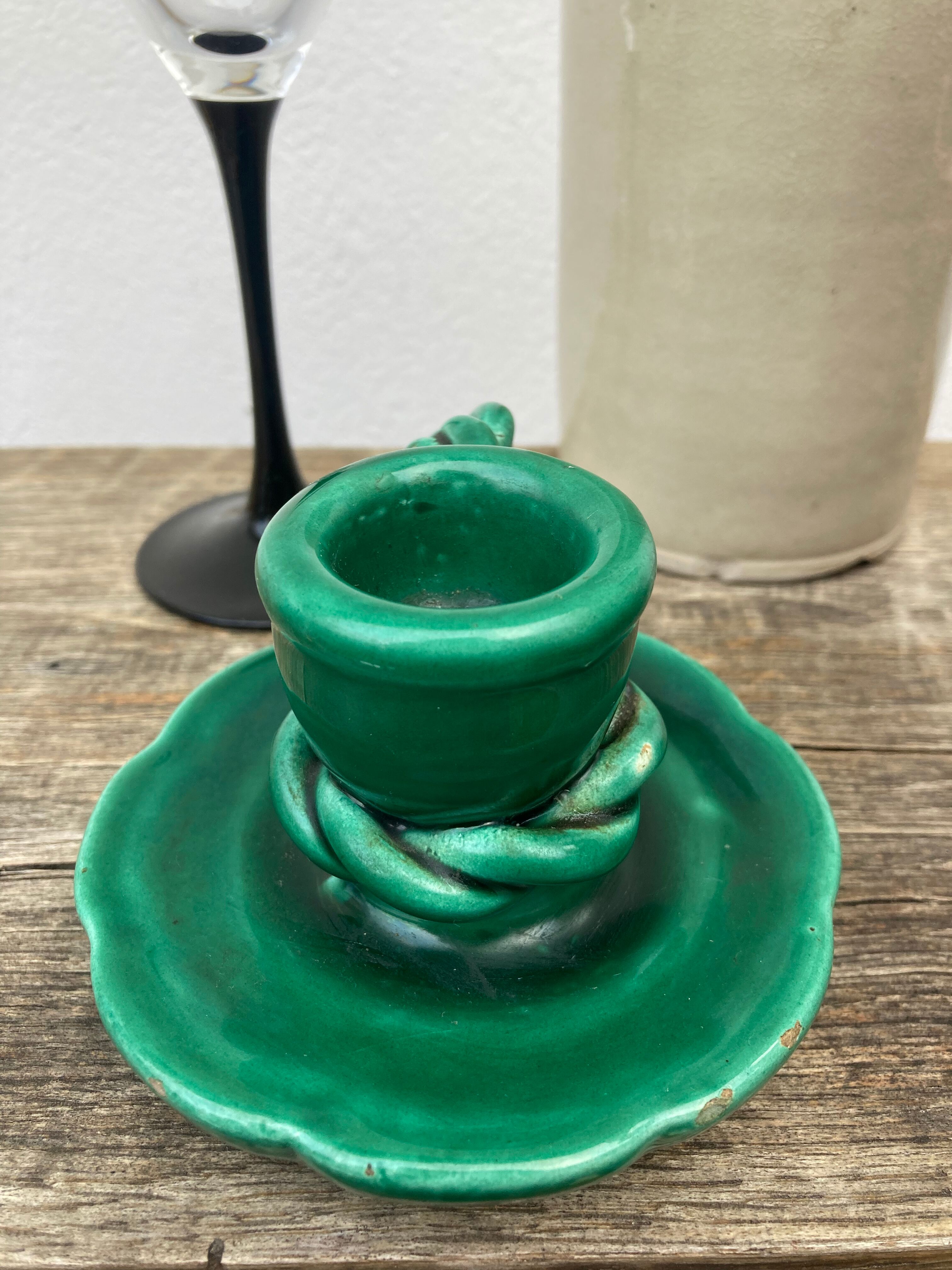 Vallauris candle holder in vintage green ceramic 1970