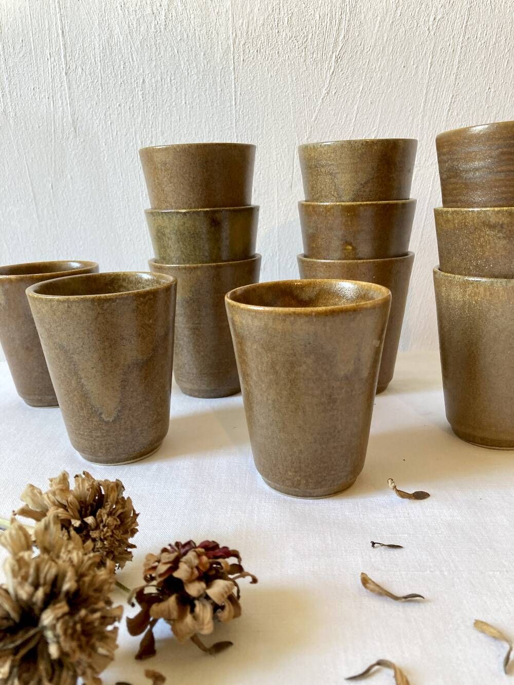 Set of 12 glazed stoneware cups, Digoin Stoneware Pots