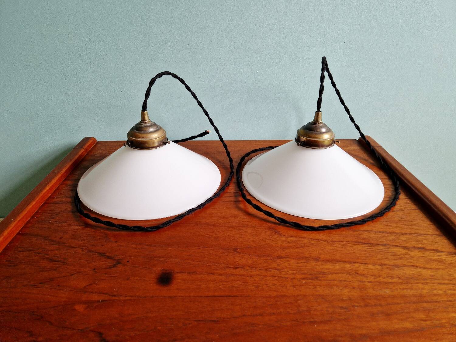 Pair of Art Deco conical white opaline pendants, 1920-30.