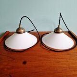 Pair of Art Deco conical white opaline pendants, 1920-30.