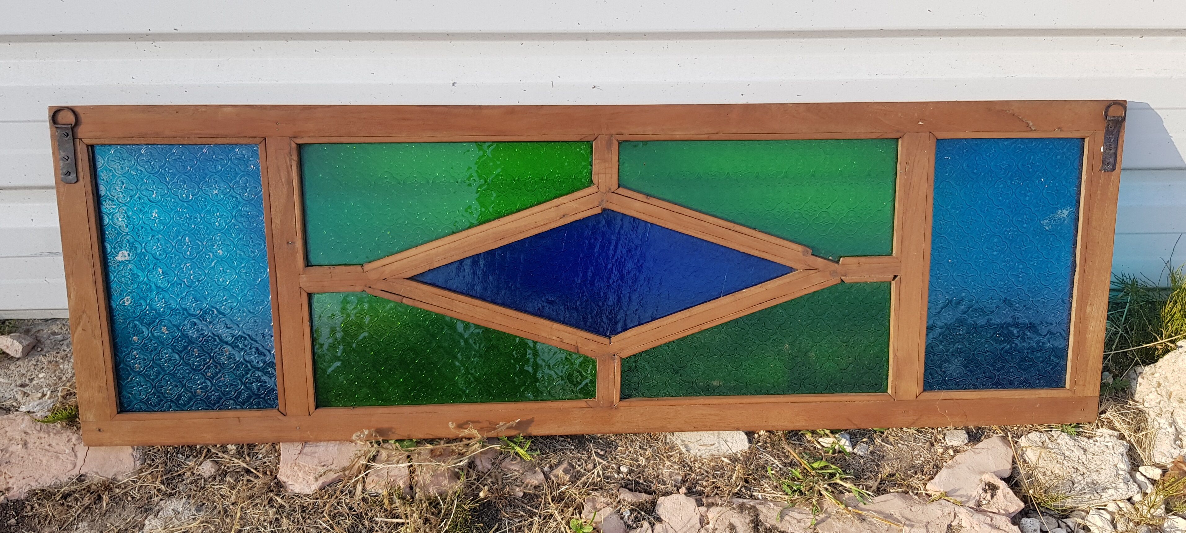 Old teak frame panel/window and 7 colored & embossed glass panels