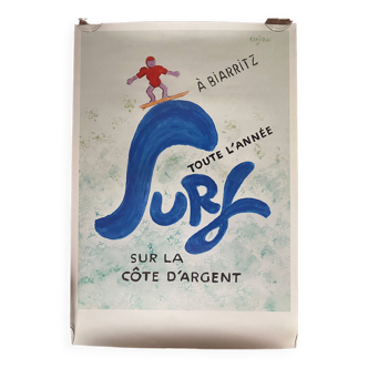 Affiche originale publicitaire "Surf à Biarritz" Raymond Savignac 48x69cm 90's