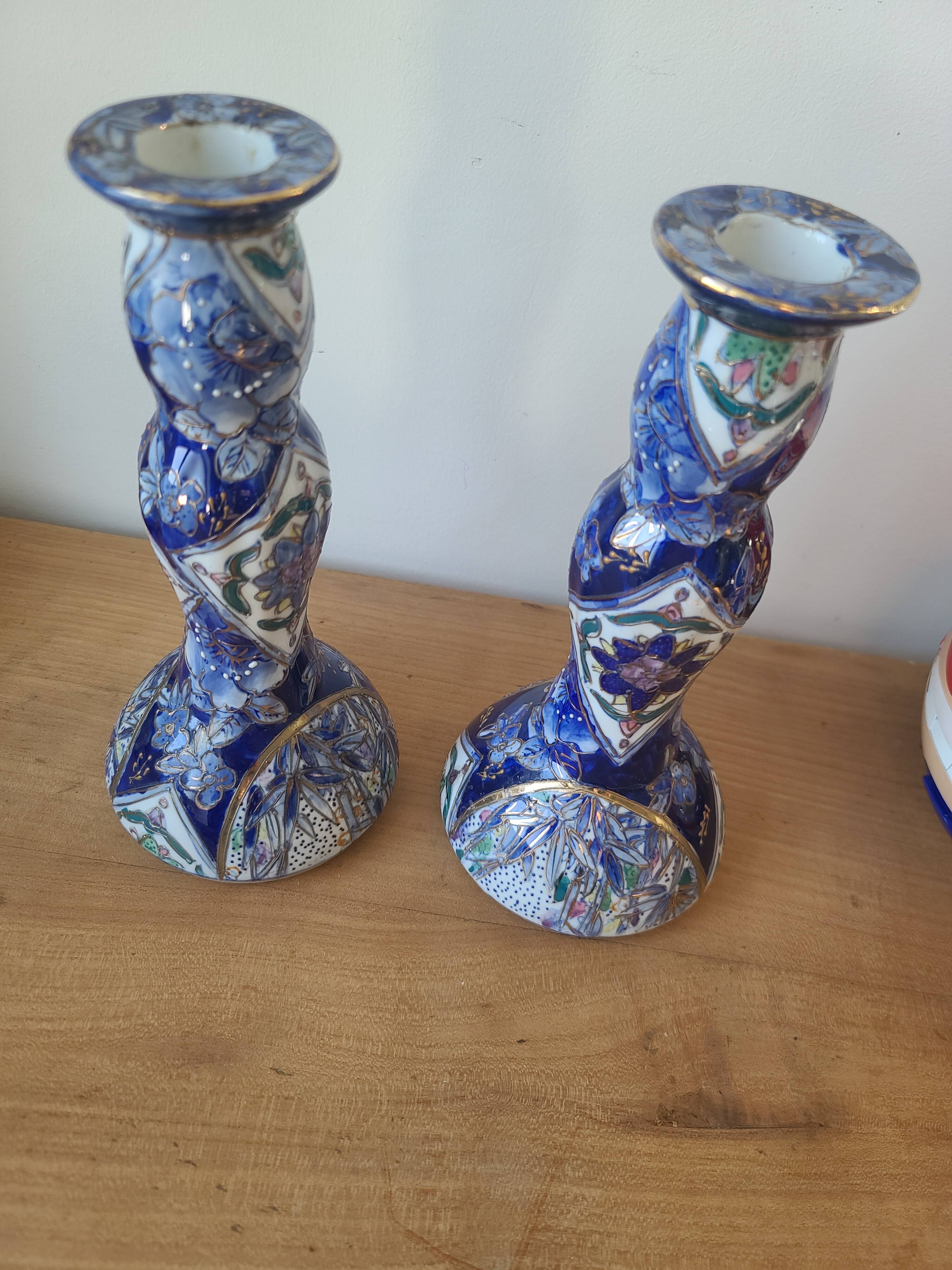 Vintage-style blue and gold floral ceramic candlesticks CHMR
