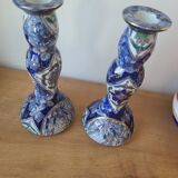Vintage-style blue and gold floral ceramic candlesticks CHMR