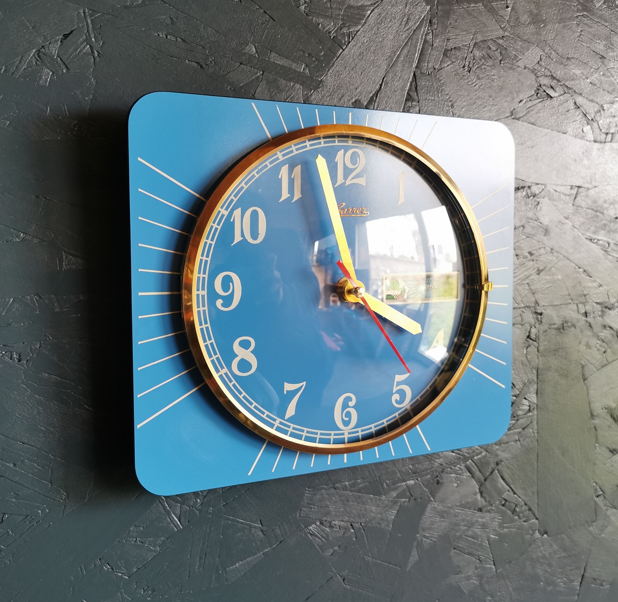 Vintage formica clock rectangular silent wall clock "Carrez blue"
