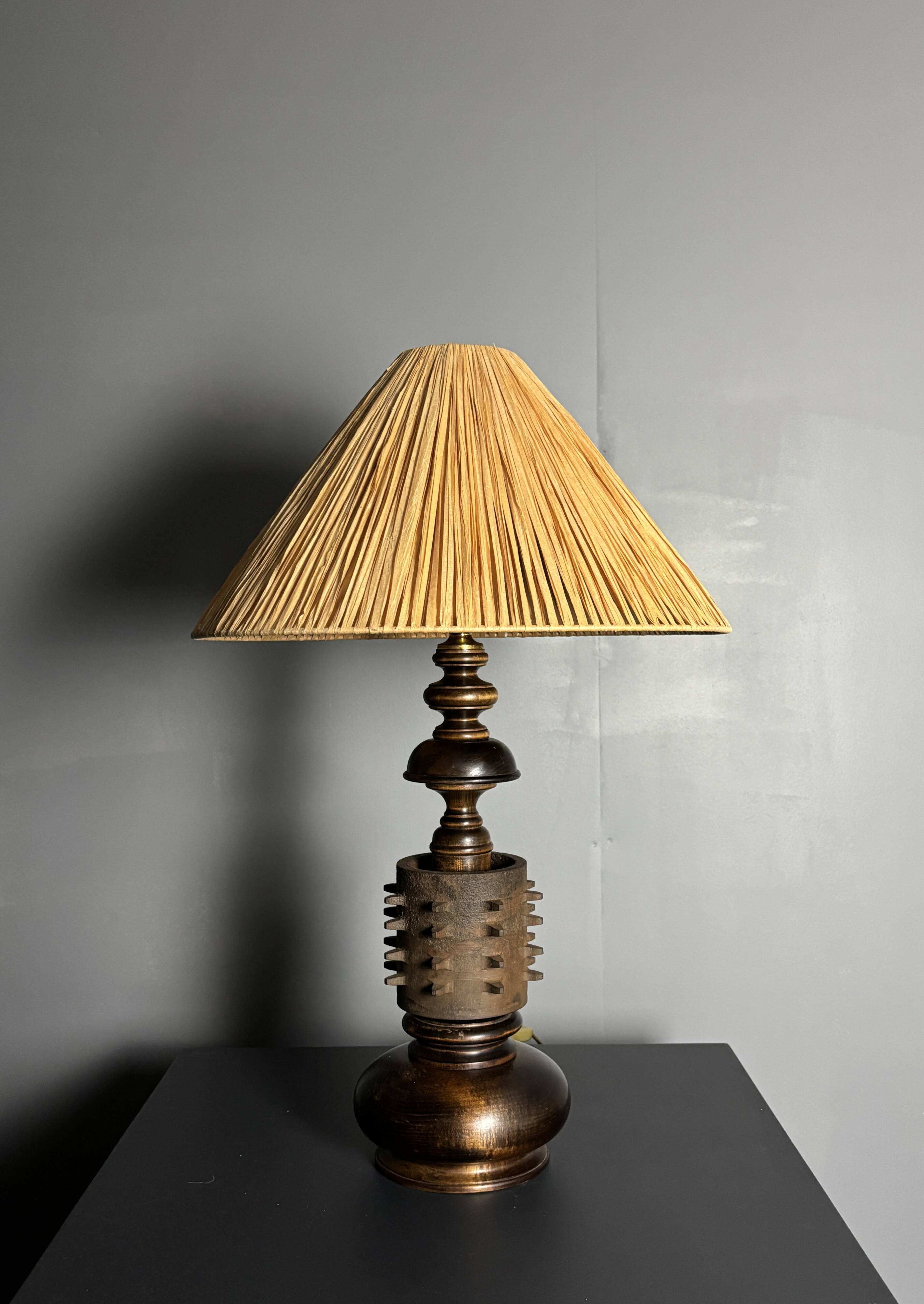 Brutalist wood turned and cast iron large table lamp, 1960s