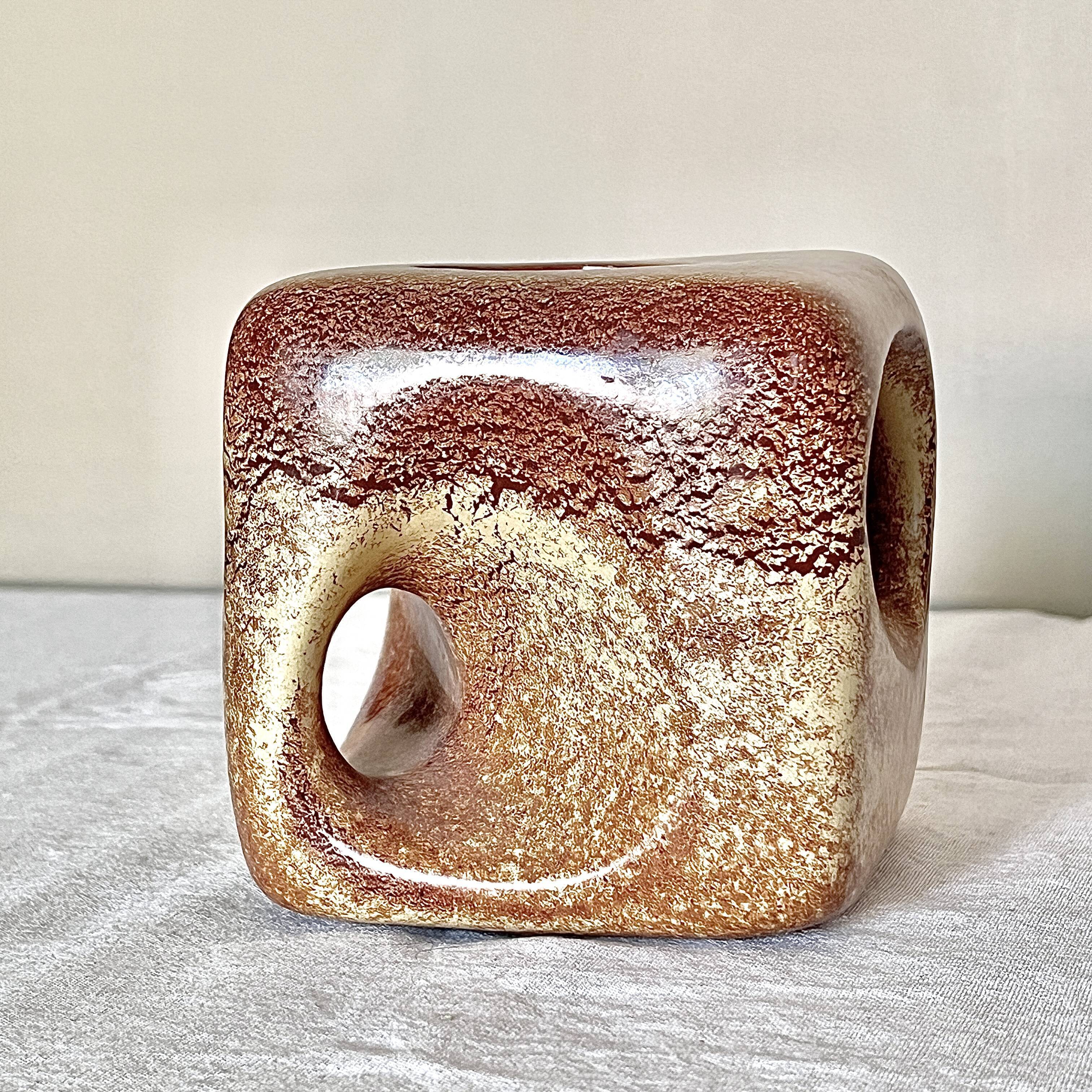 Bertoncello ,,screziato tabacco" glaze, cube vase italian vintage mid century from the 1970's by rob