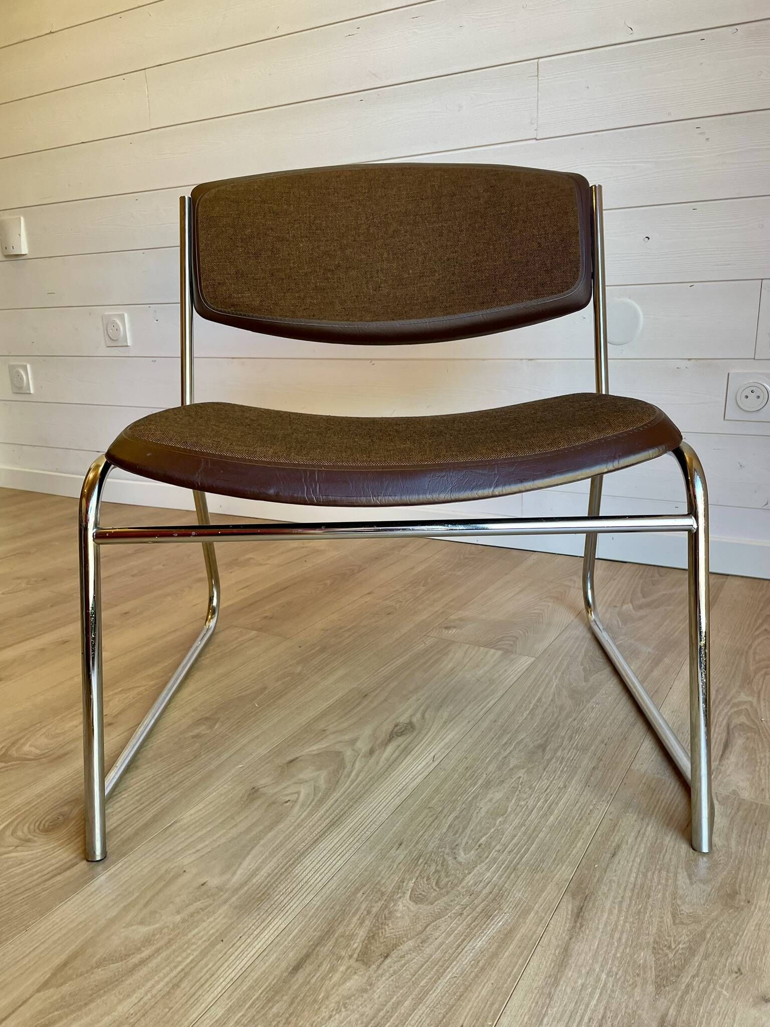 6 chrome sled armchairs Soudexvinyl brown vintage Skaï 70s