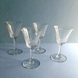 4 Antique Digestif Glasses on Foot Art Deco Pattern Cut Glass 1950s