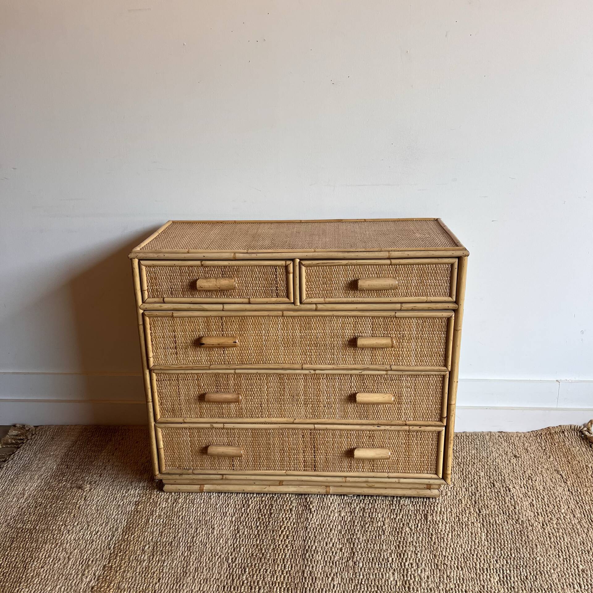 Vintage woven rattan bamboo chest of drawers