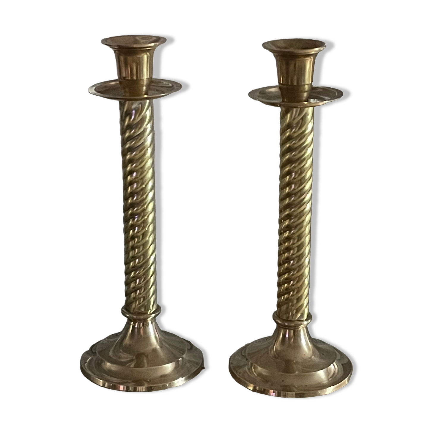 Pair of twisted brass column candle holders