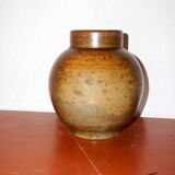 Vase à fleurs en grès * vase vintage en poterie marron avec motif floral bleu peint à la main * milieu du siècle