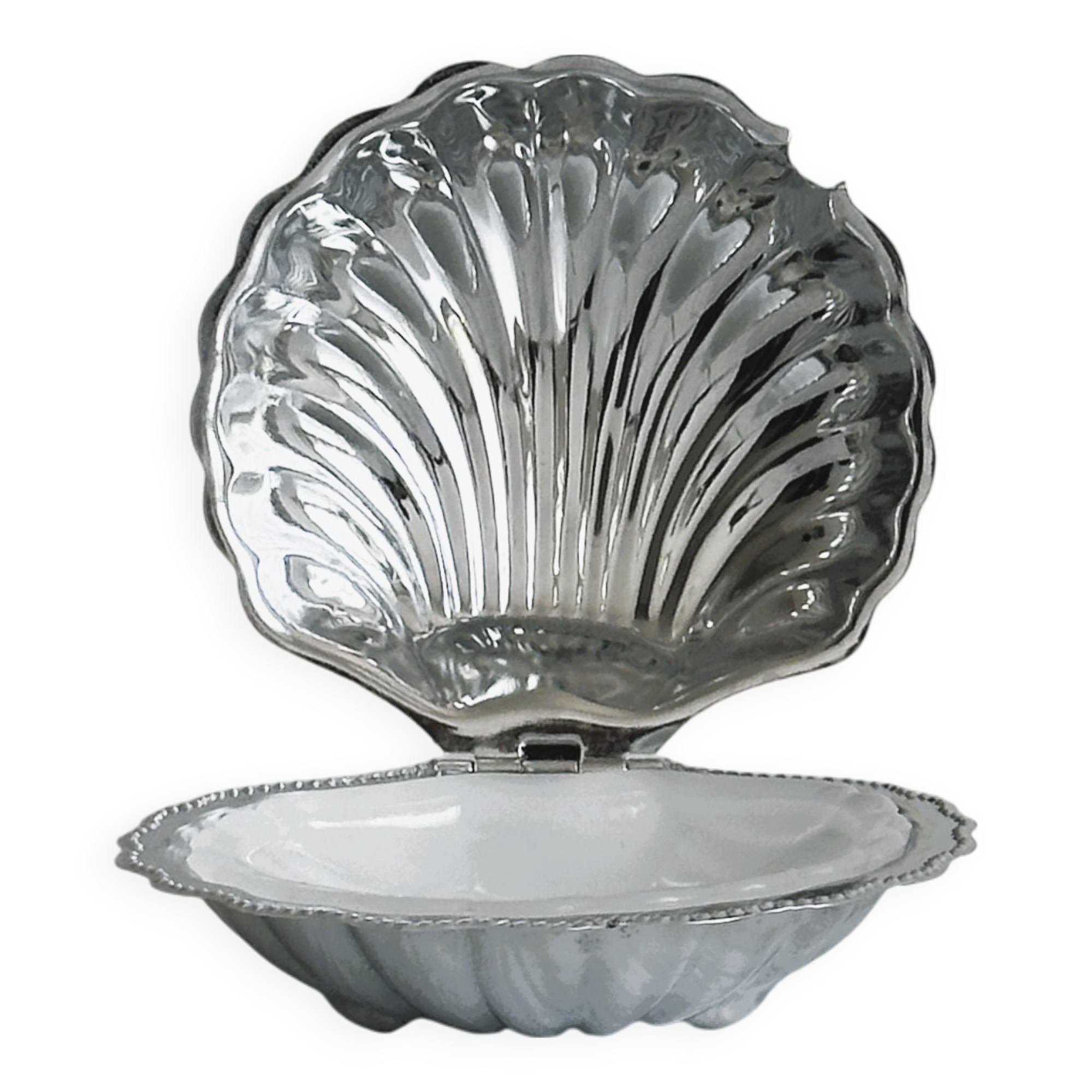 Antique shell butter dish in white glass and metal