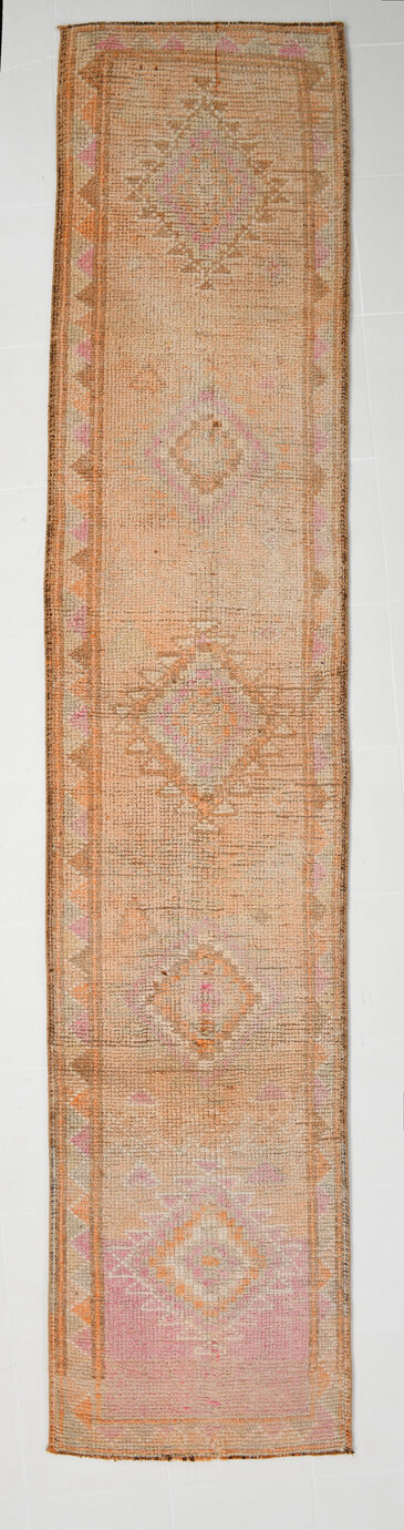 3x13 pale pink & orange turkish runner rug 82x403cm