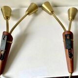 Pair of Scandinavian Midcentury wall lights sconces Brass & teak wood