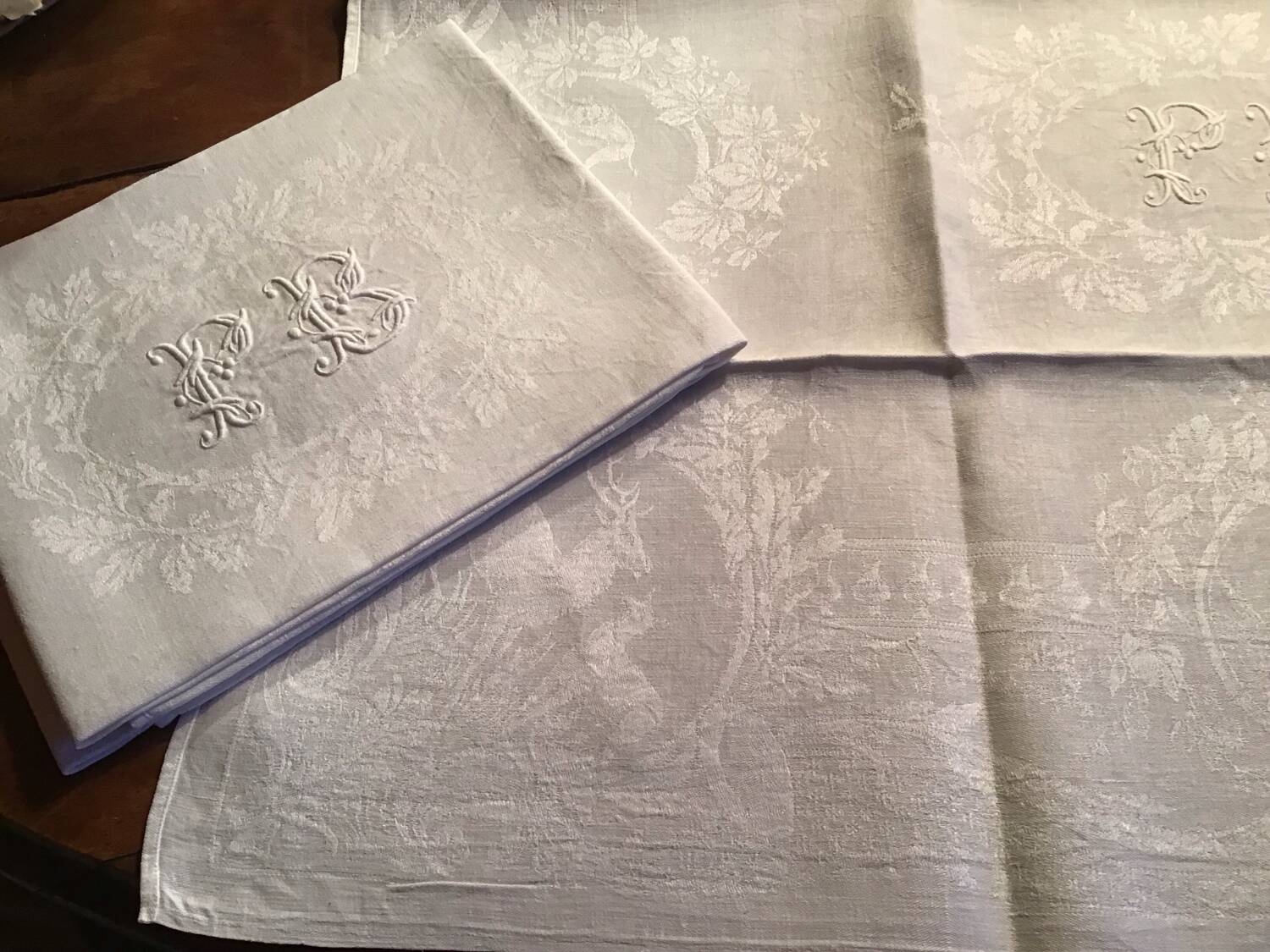 Set of 6 19th century hunting napkins marked “PB”
