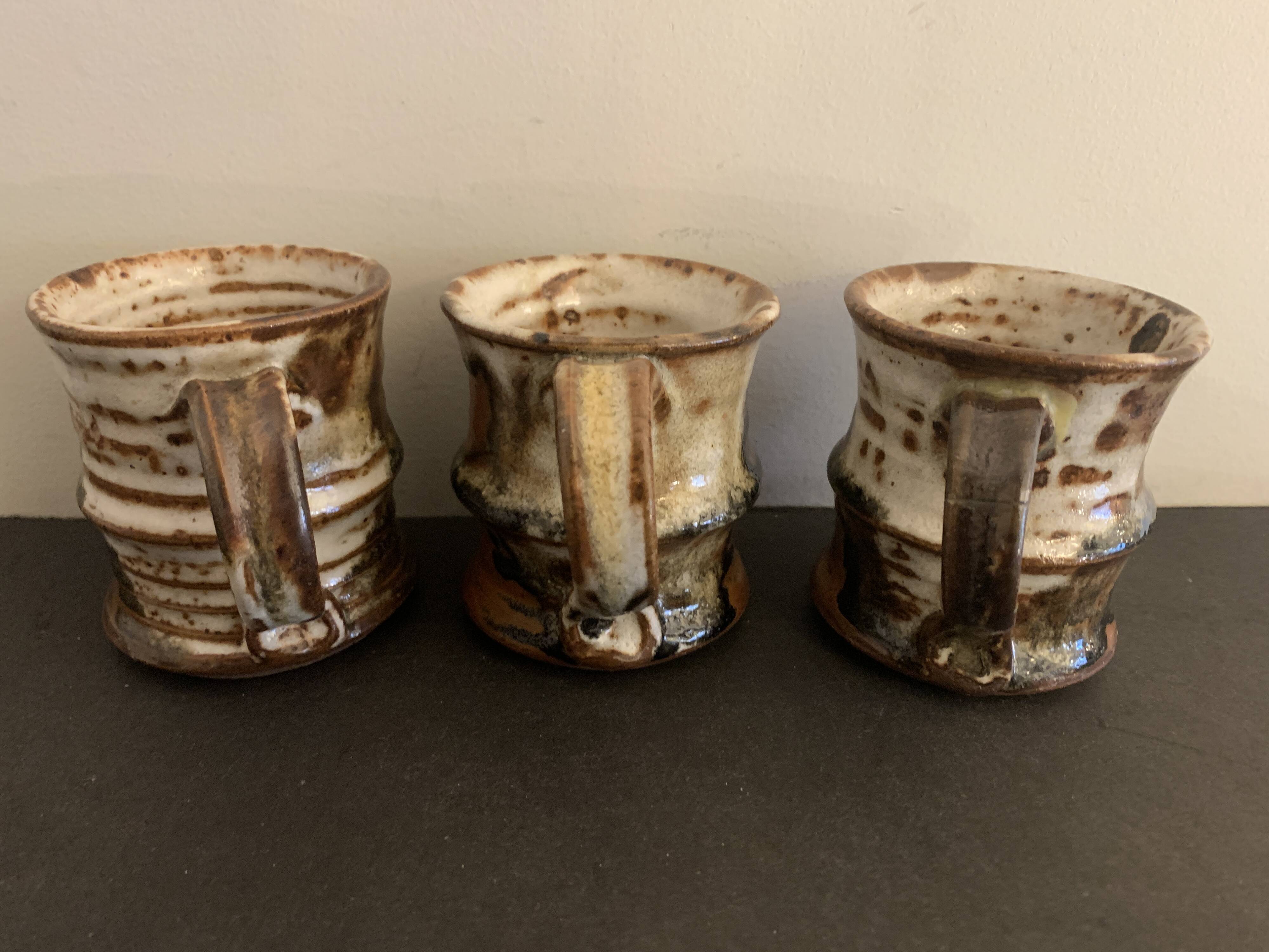 Set of 3 Danish Waldorff cups and 3 saucers in glazed stoneware