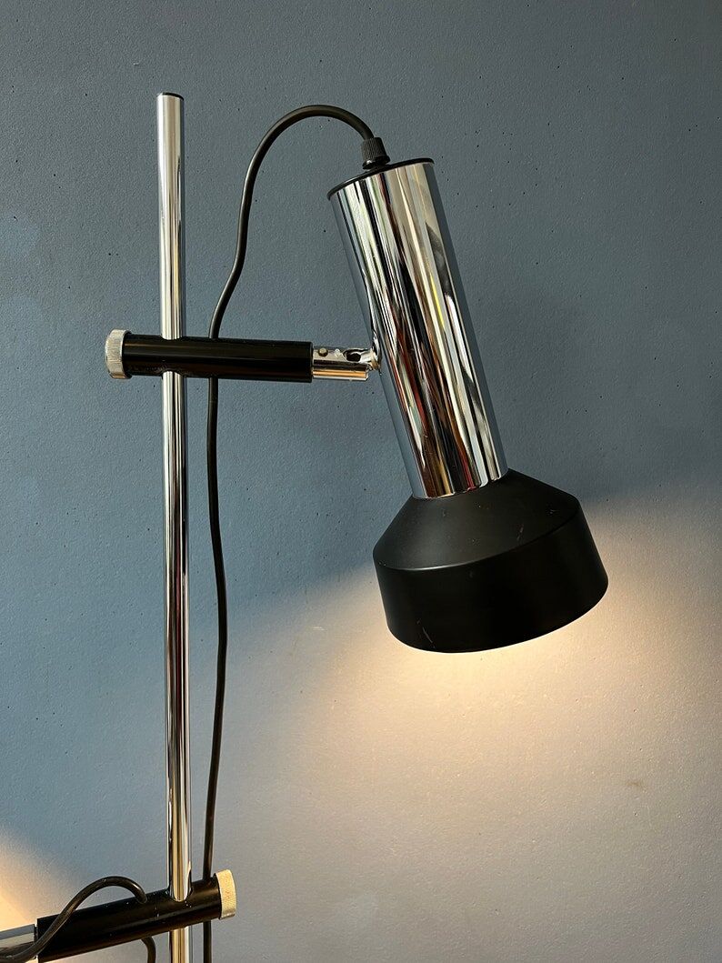 Mid-century floor lamp with two black/chrome spotlights