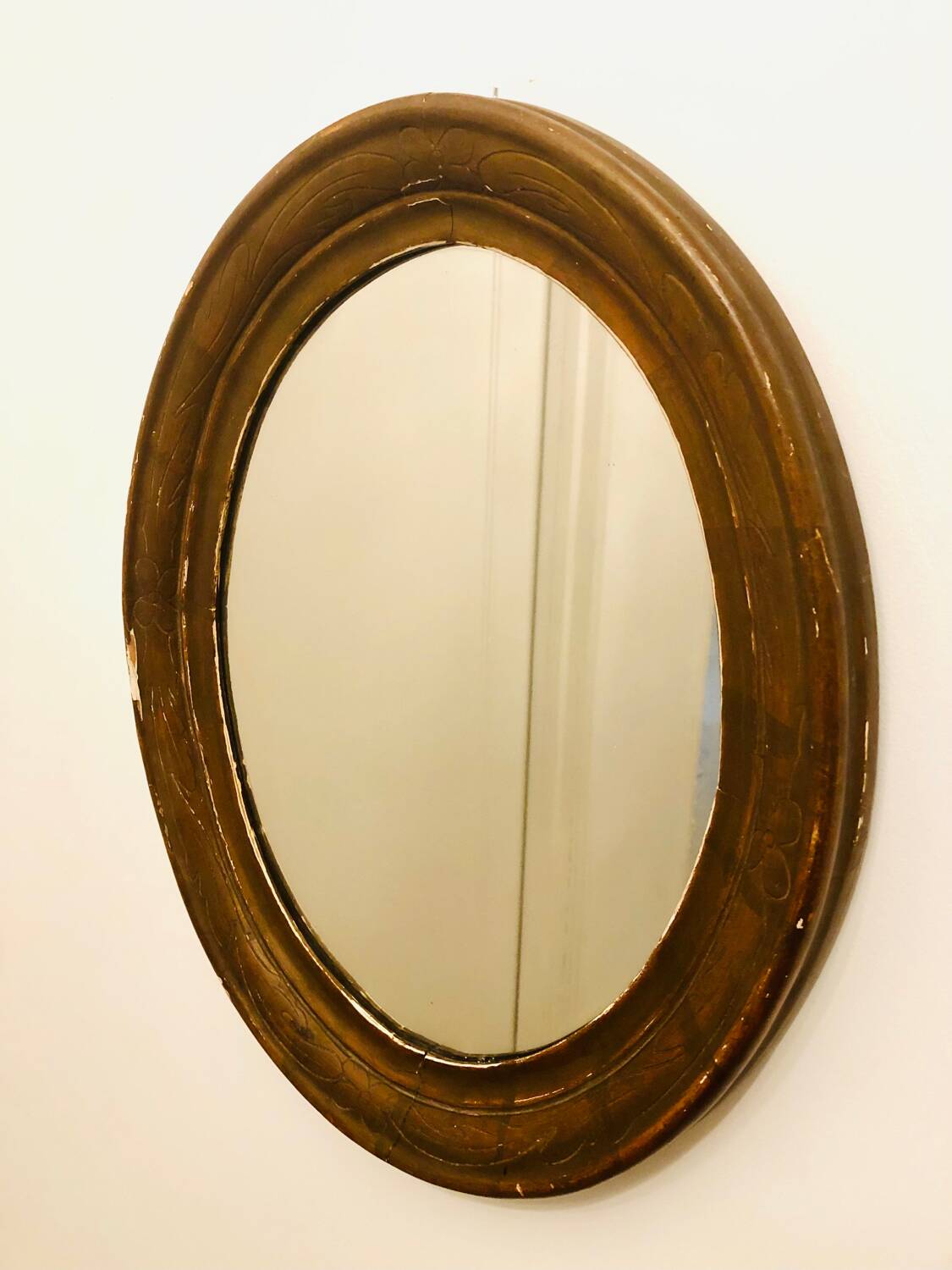Old art deco oval wooden mirror