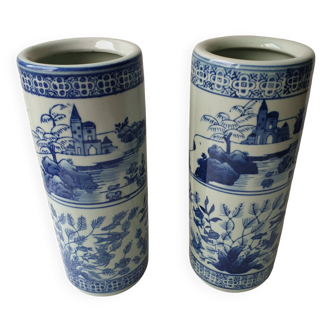Pair of chinese porcelain roller vases - signed height 25.5cm