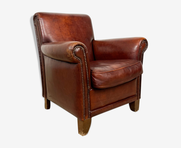 Fauteuil en cuir de mouton brun foncé vintage