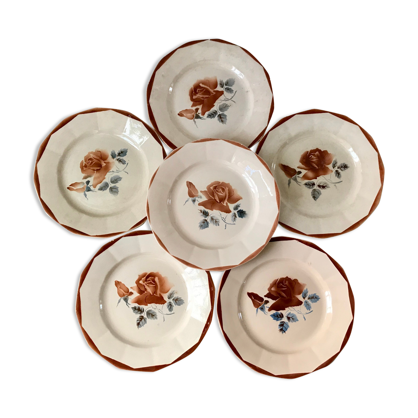 Set of 6 flat plates Digoin Sarreguemines pink flowers years 30-40