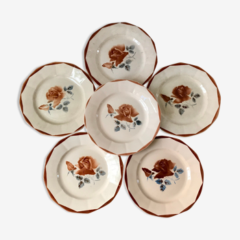 Lot de 6 assiettes plates Digoin Sarreguemines fleurs roses années 30-40