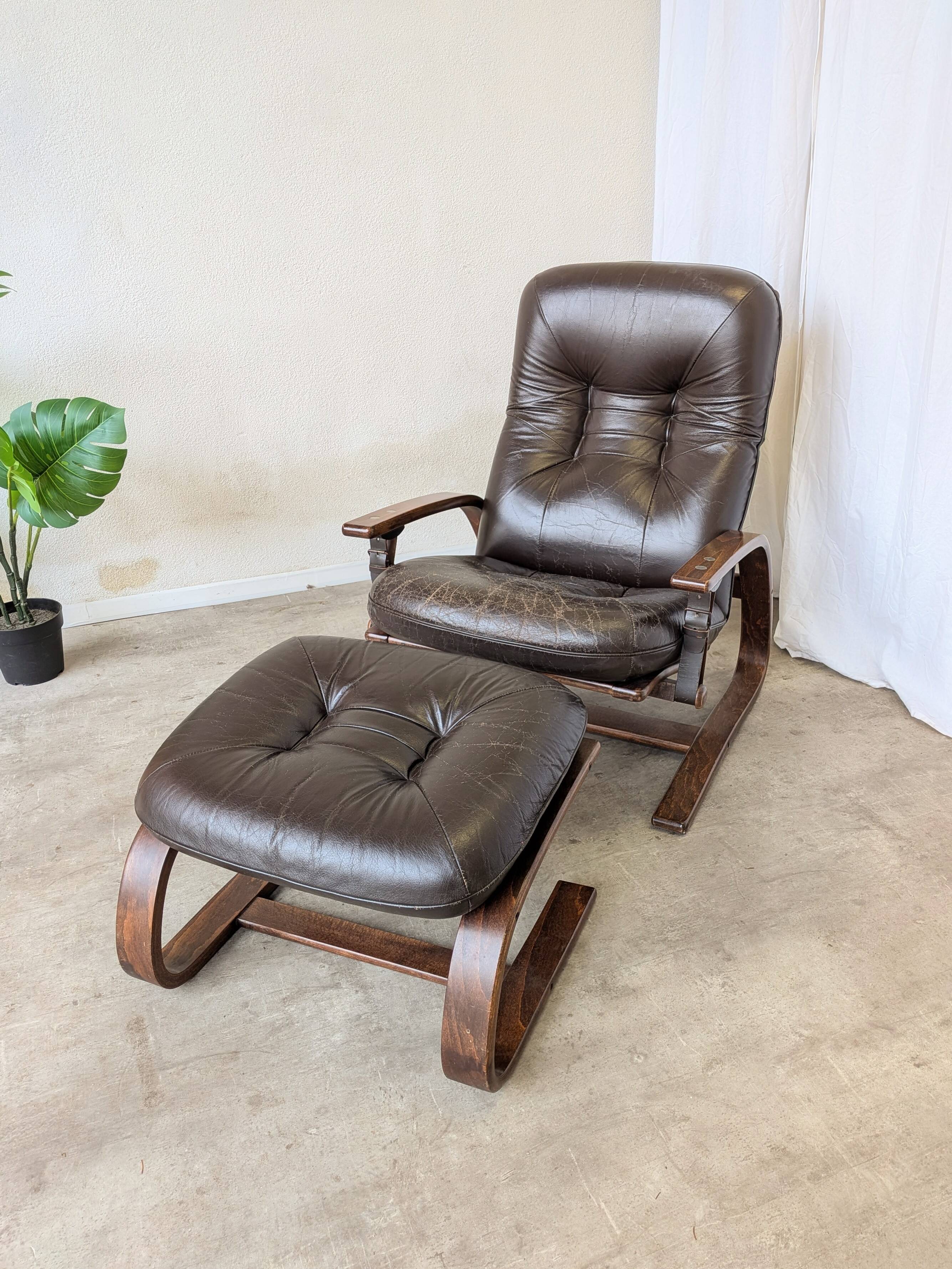 Vintage Panther Lounge Chair with Ottoman / Brown Leather Recliner Armchair