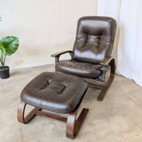 Vintage Panther Lounge Chair with Ottoman / Brown Leather Recliner Armchair