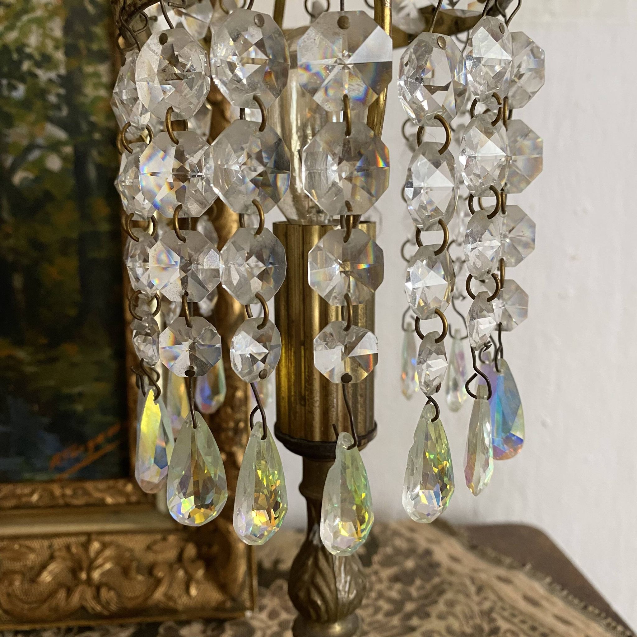 Lamp with pendants and gilded brass, H 30 cm