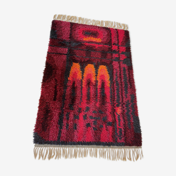 Original Abstract Scandinavian High Pile Abstract Rya Rug Carpet, Sweden, 1960s