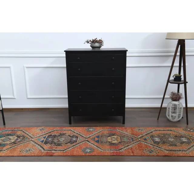 1970s vintage Turkish Oushak handmade wool cotton orange runner rug 80x320