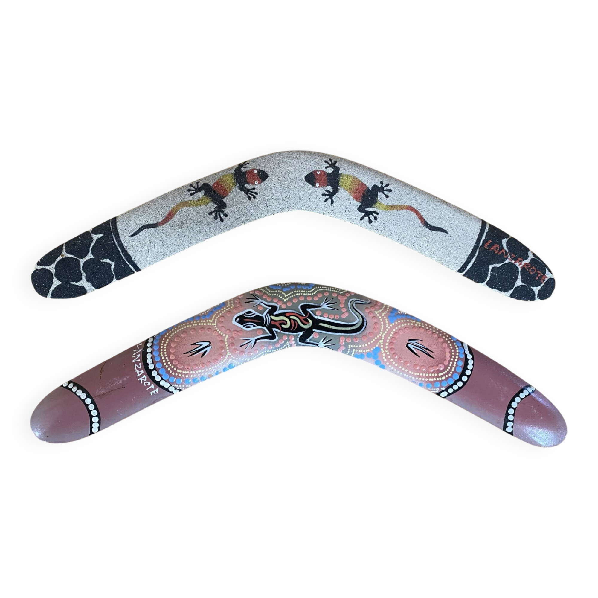Paire boomerangs lanzarote bois peint lézards aborigène vintage