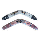 Pair of boomerangs lanzarote painted wood aboriginal lizards vintage