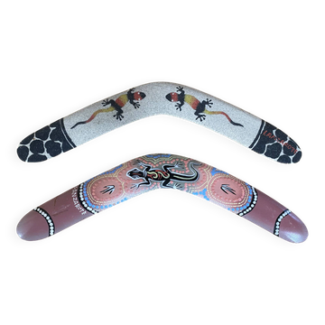 Pair of boomerangs lanzarote painted wood aboriginal lizards vintage