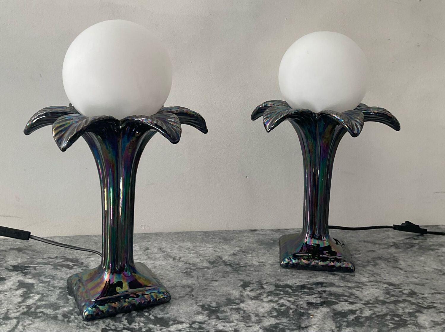 Pair of palm tree lamps in Italian ceramic from the 1970s.