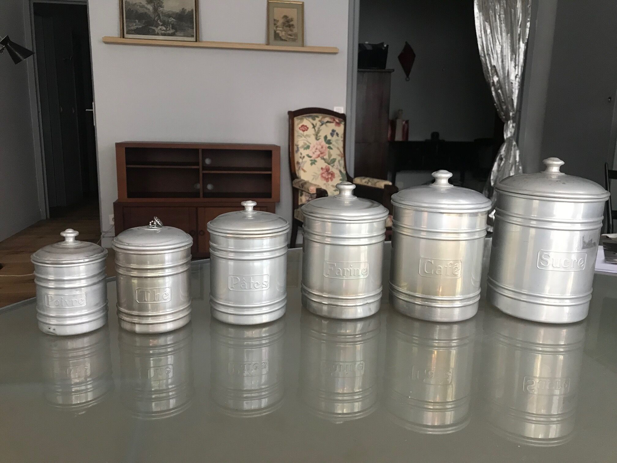 Series of 6 aluminum grocery jars