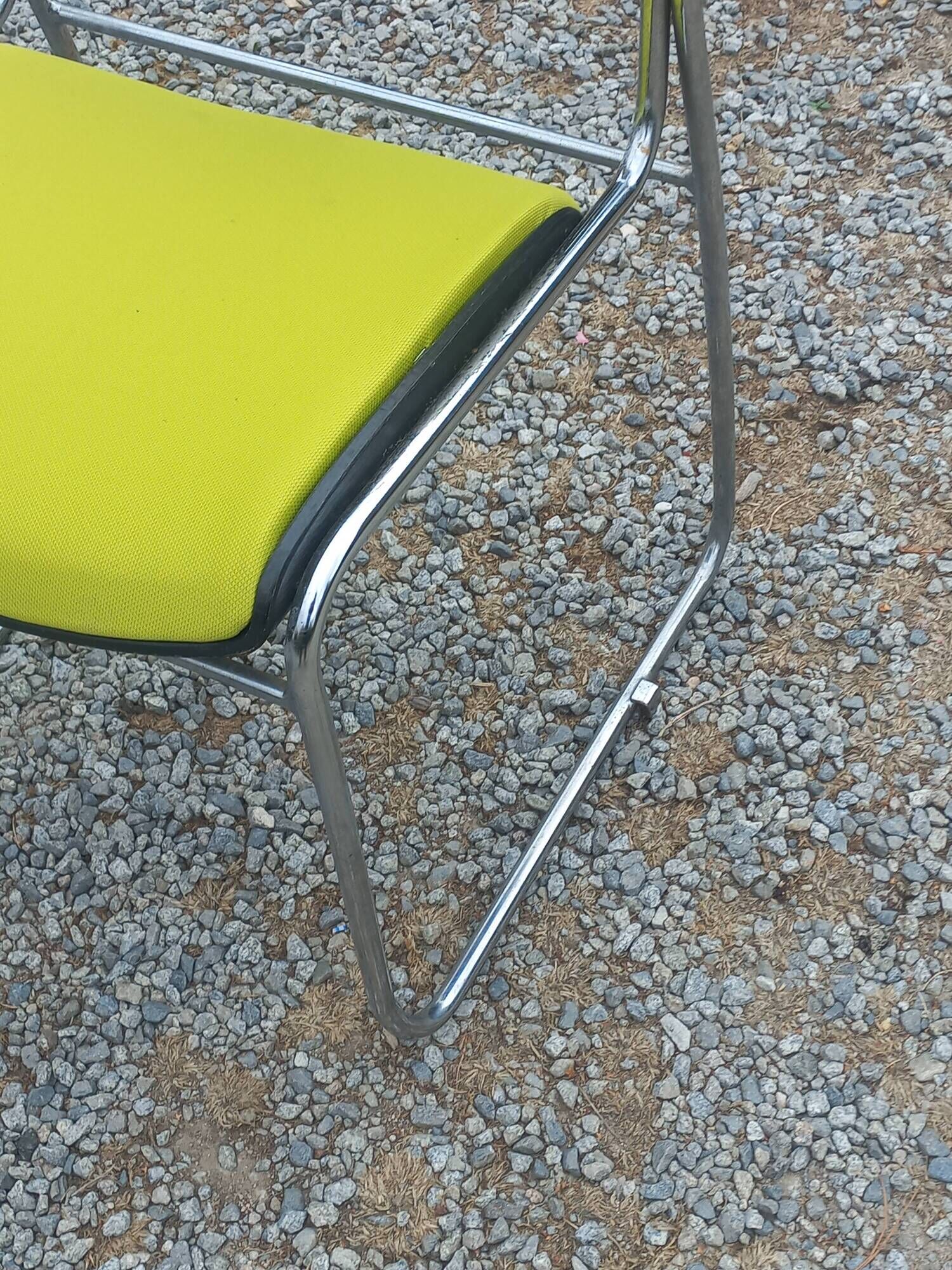 Set of 6 designer chairs with wooden seats and backs, chrome legs.