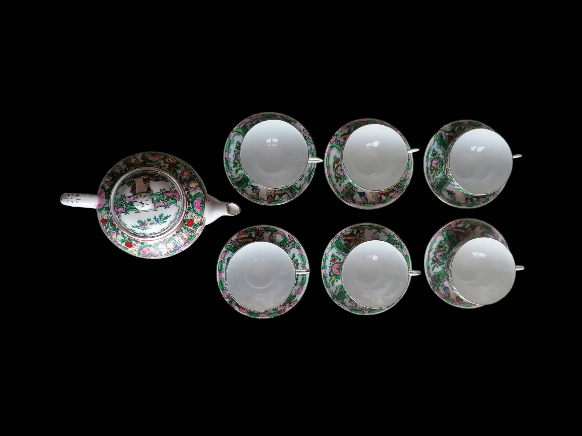 Canton porcelain tea service with 6 cups and teapot.