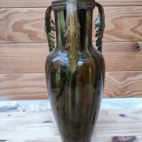 Ceramic vase with dripping in the style of jerome massier or belgian work with bronze handles