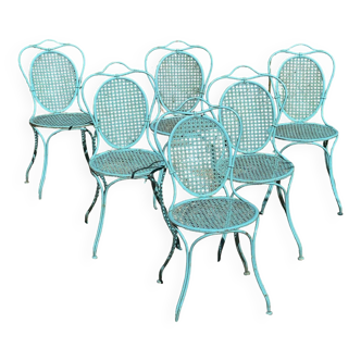 Set of 6 medallion chairs in wrought iron and 19th century metal canework