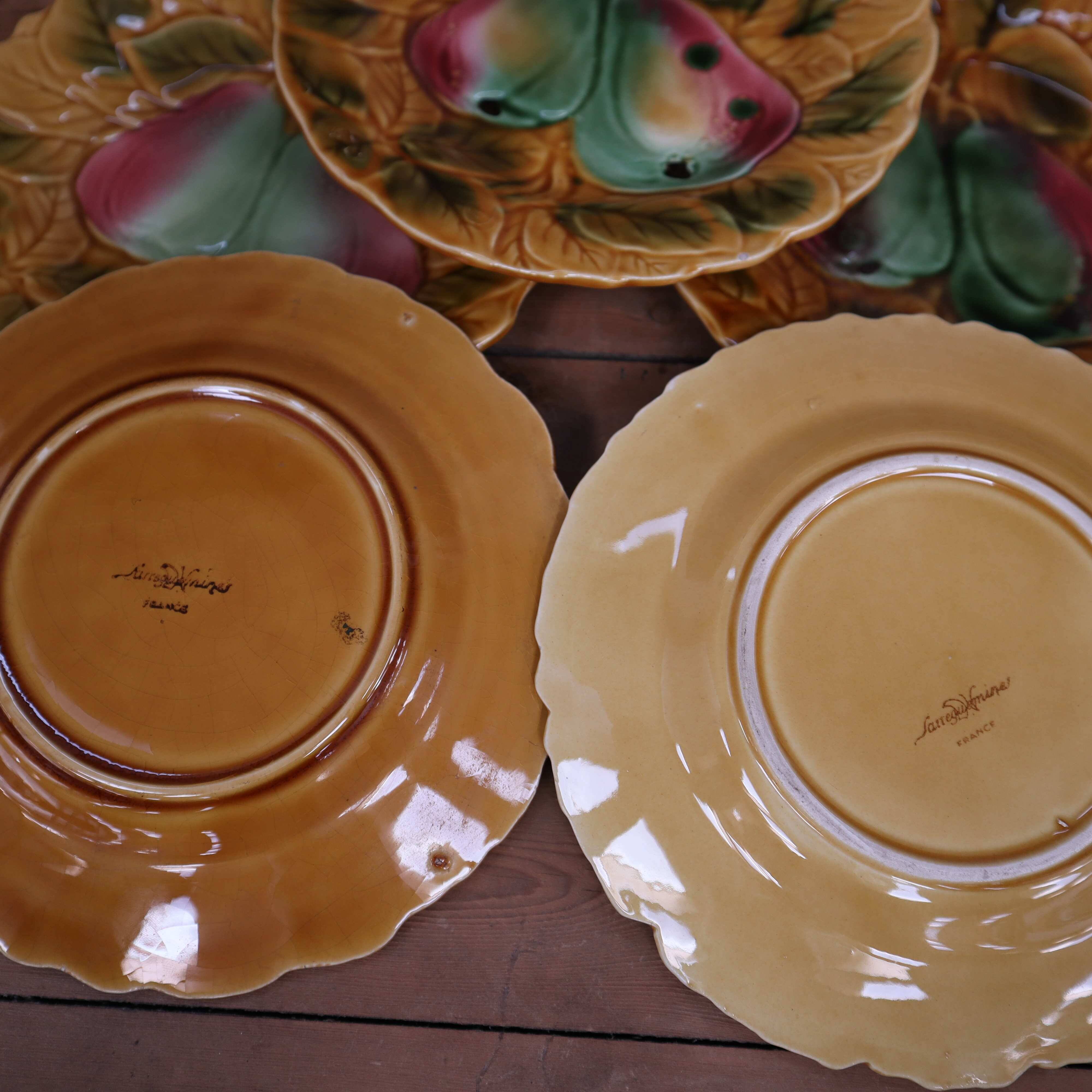 Set of 5 Sarreguemines slip dessert plates with fruit decoration