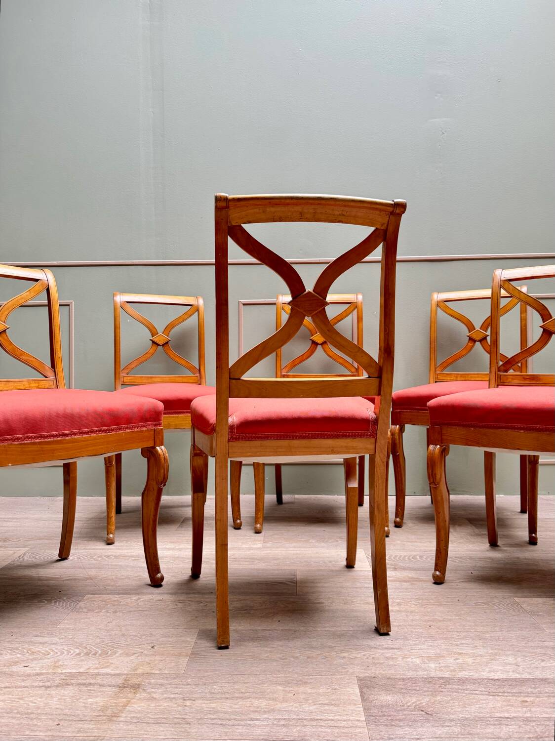 Suite Of Six Chairs In Cherrywood Cross Backrest Restoration Style 20th Century