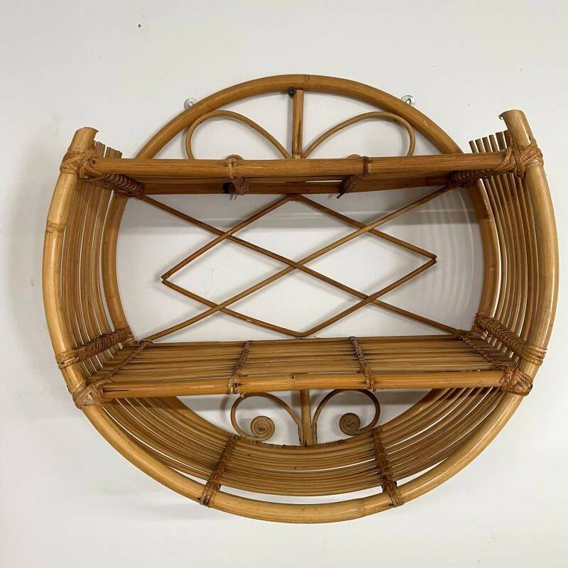 Vintage round rattan wall shelf – 70s bohemian style