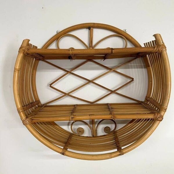 Étagère murale ronde en rotin vintage – style bohème années 70