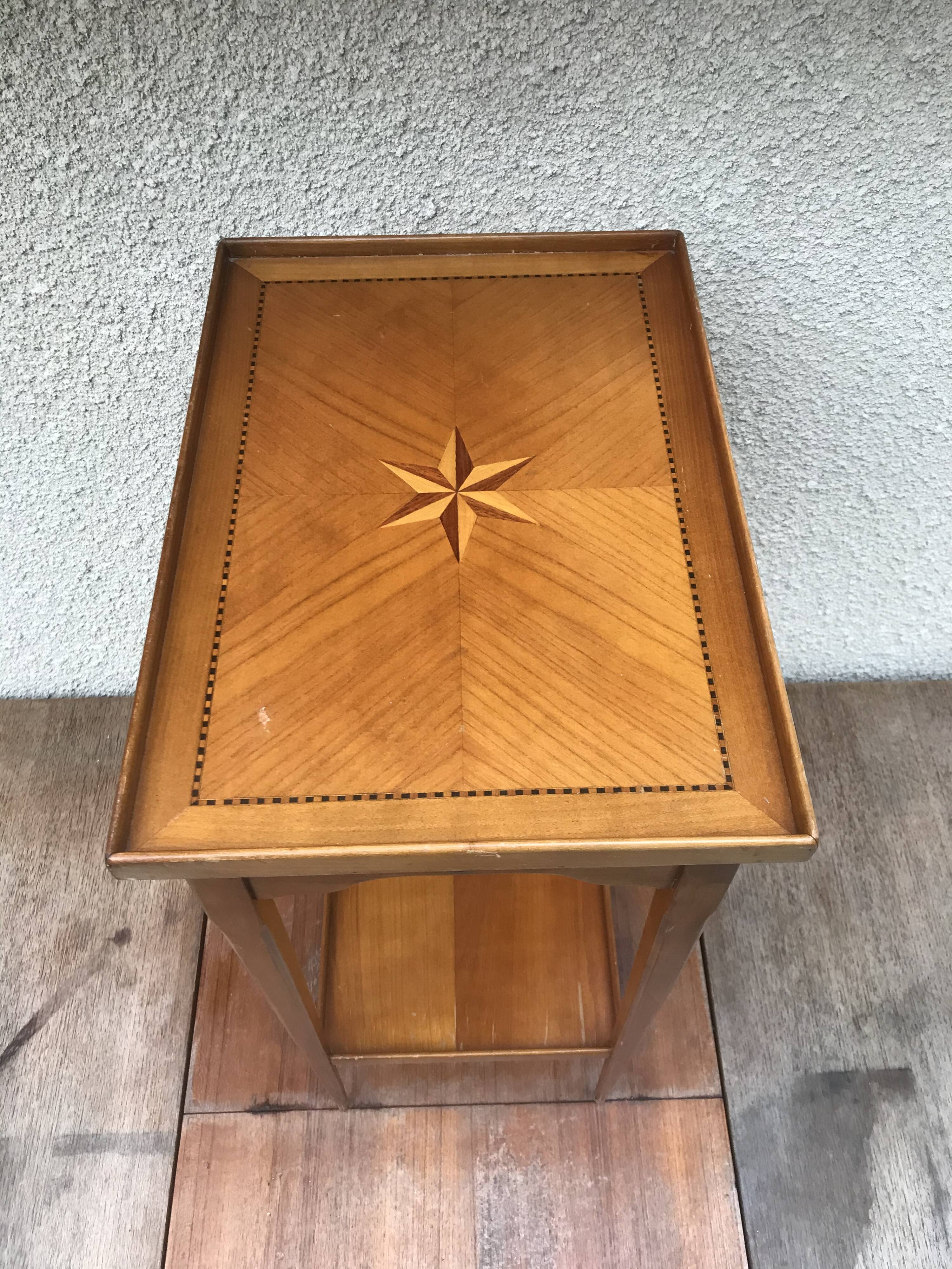 Old Table Appoint Wood Plateau Marqueté Star Feet Compass - Vintage Drawer