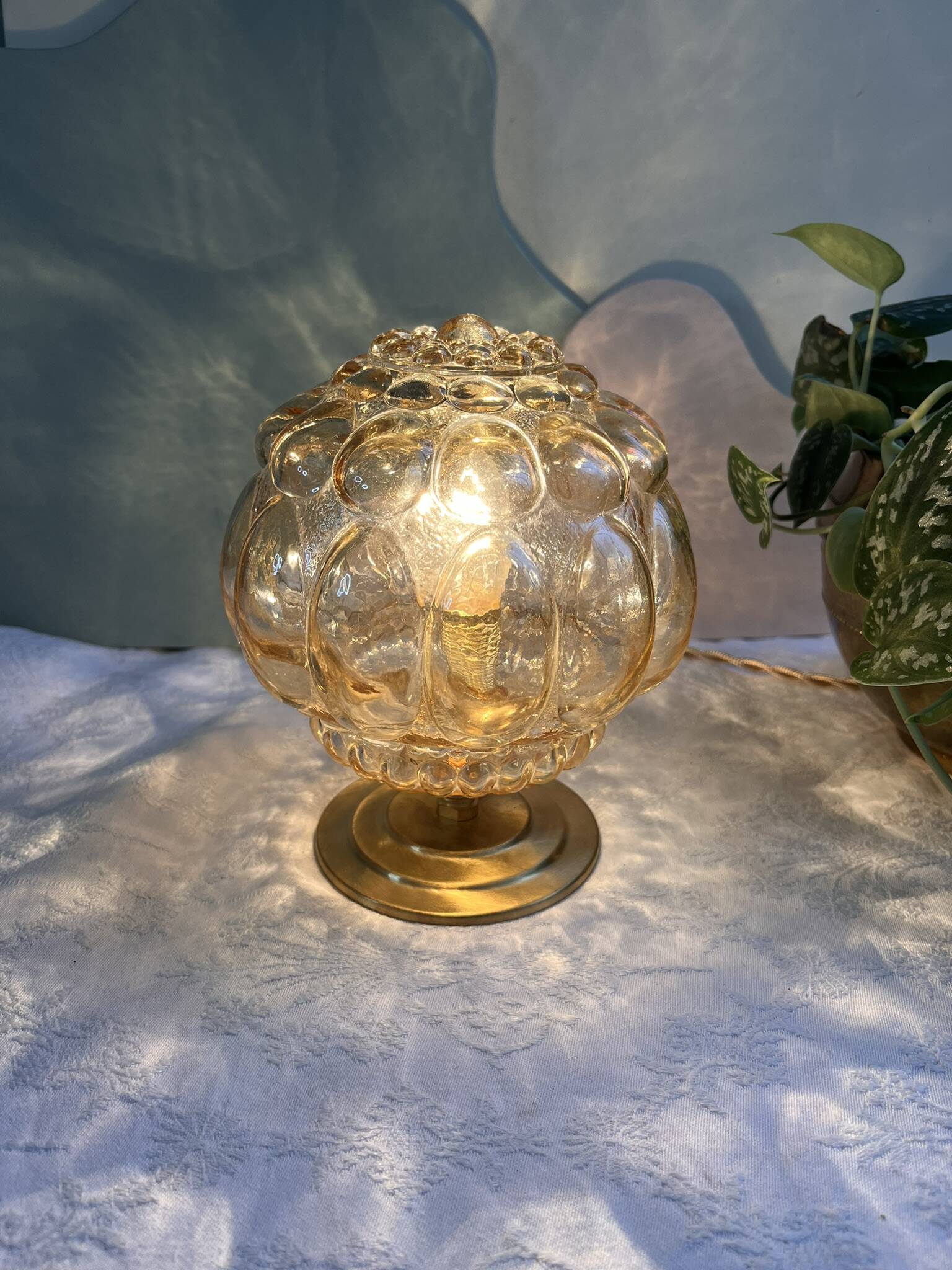 Vintage glass table lamp - amber bubble globe