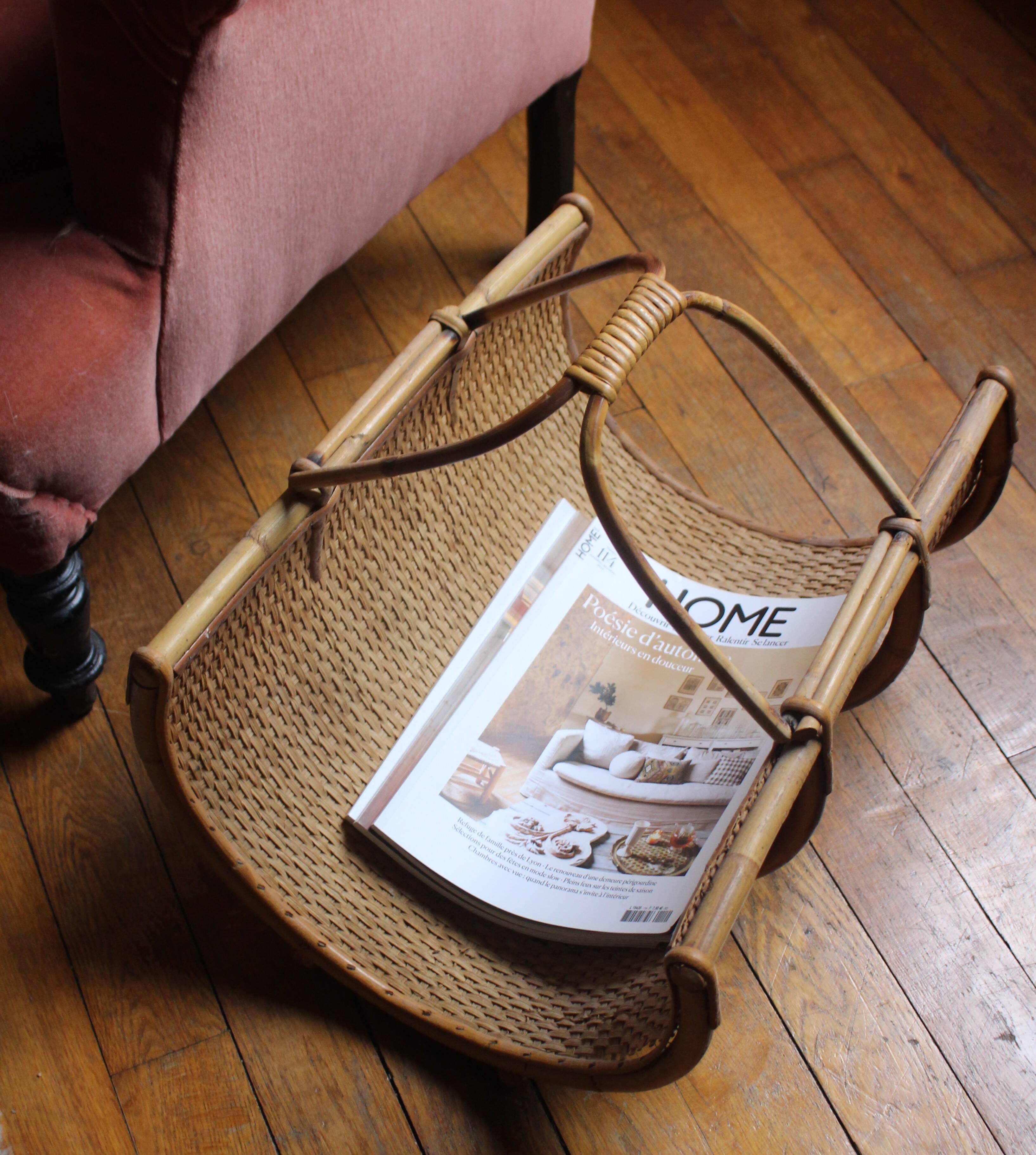 Porte revues panier bûches rotin osier vintage