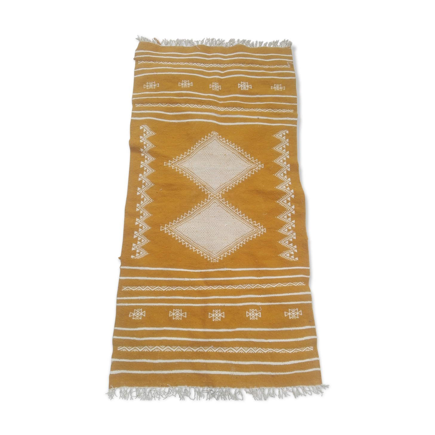 Pure wool handmade mustard and white Kilim rug 80x160cm