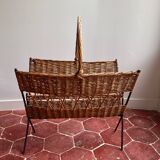 Large vintage 1960s magazine rack in rattan and black steel
